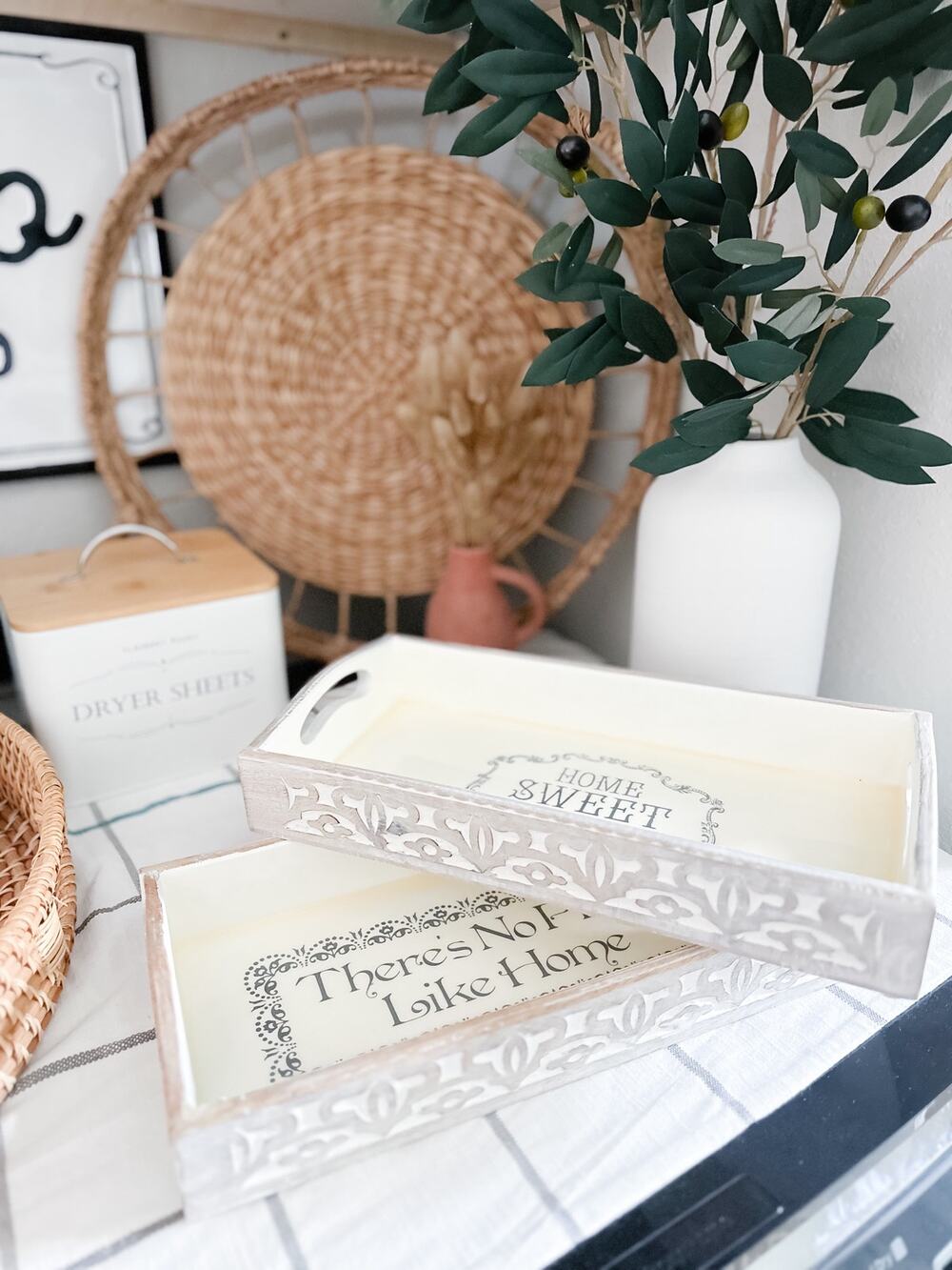 2 Carved White Washed Wood Boho Farmhouse Trays